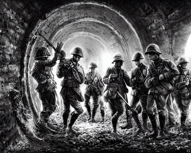 Prompt: Soldiers in despair in a world war 1 tunnel, black and white, amazing digital art, hyper detailed, artstation, in the style of Tony Sart