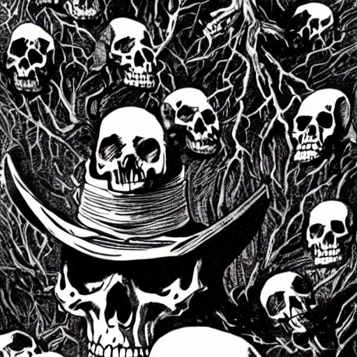 Image similar to Skulls lying under a dead tree. Close Up Shot, Dark Fantasy, Film Noir, Black and White. High Contrast, Mike Mignola, D&D, OSR