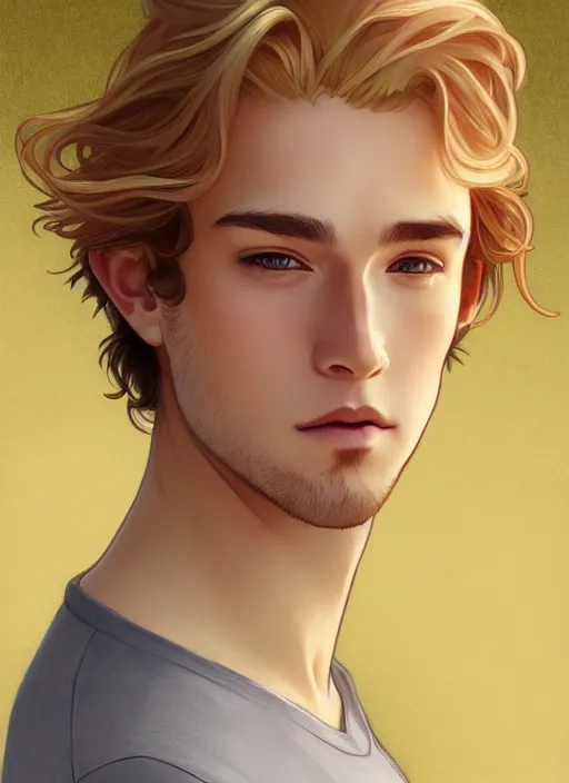 Image similar to pretty young man with shoulder length shiny shimmering golden blond hair, half body shot, path traced, highly detailed, high quality, digital painting, by studio ghibli and alphonse mucha, leesha hannigan, hidari, disney