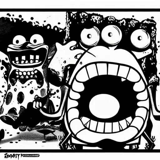 Image similar to spongebob squarepants, evil, sharp teeth, bad teeth, angry, horror, dramatic, in the style of phil jimenez