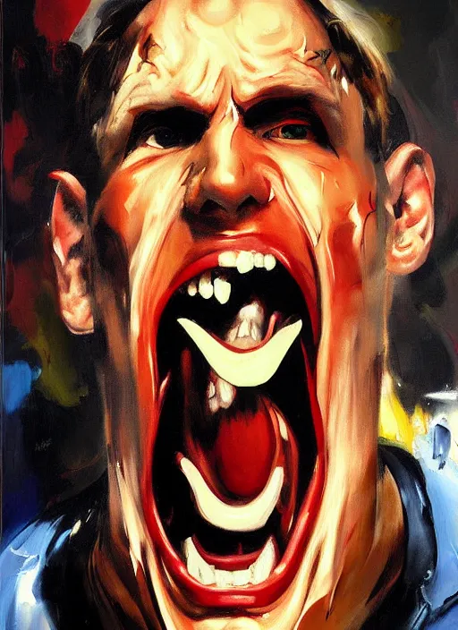 Image similar to jerma985 screeching, rage face, furious, spit flying from mouth, motion blur, smeared face, arms thrown up painting by phil hale!!! hd high quality