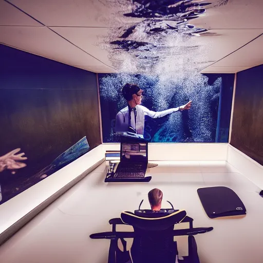 Prompt: photo of someone underwater working at an office desk, cinematic