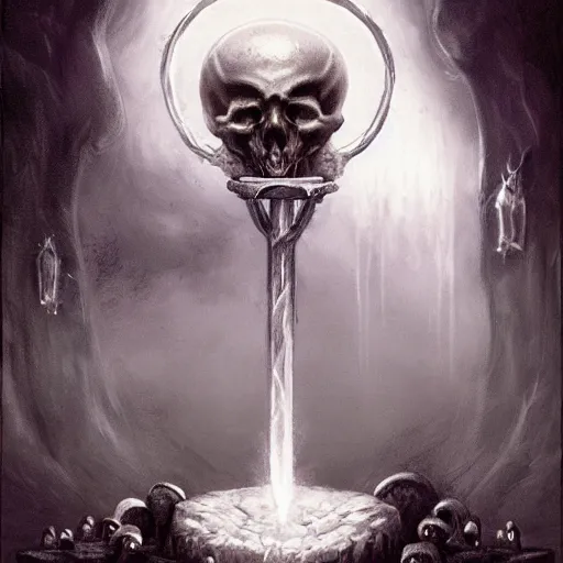 Image similar to black void chalice, longsword, skull, small white mushrooms, light from above, seb mckinnon