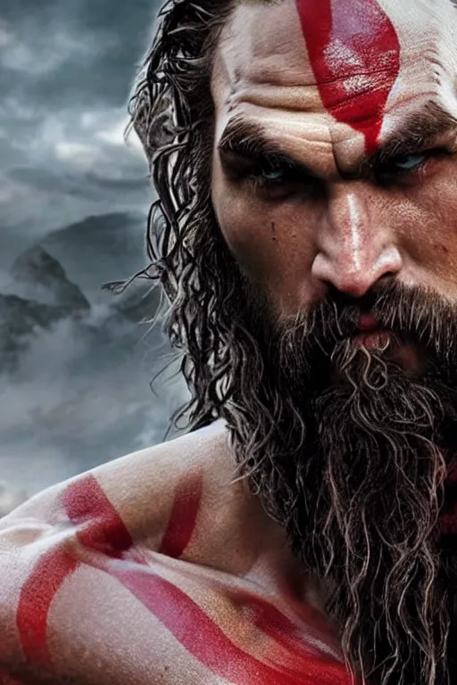 Image similar to film still from god of war, a highly detailed beautiful closeup photo of jason momoa!!!! kratos with long! windblown! wet hair! holding a sword and fighting zombies on a pile of human skulls, spartan warrior, olympian god, muscular!!!, masculine confident pose, ambient lighting, volumetric lighting, octane, fantasy