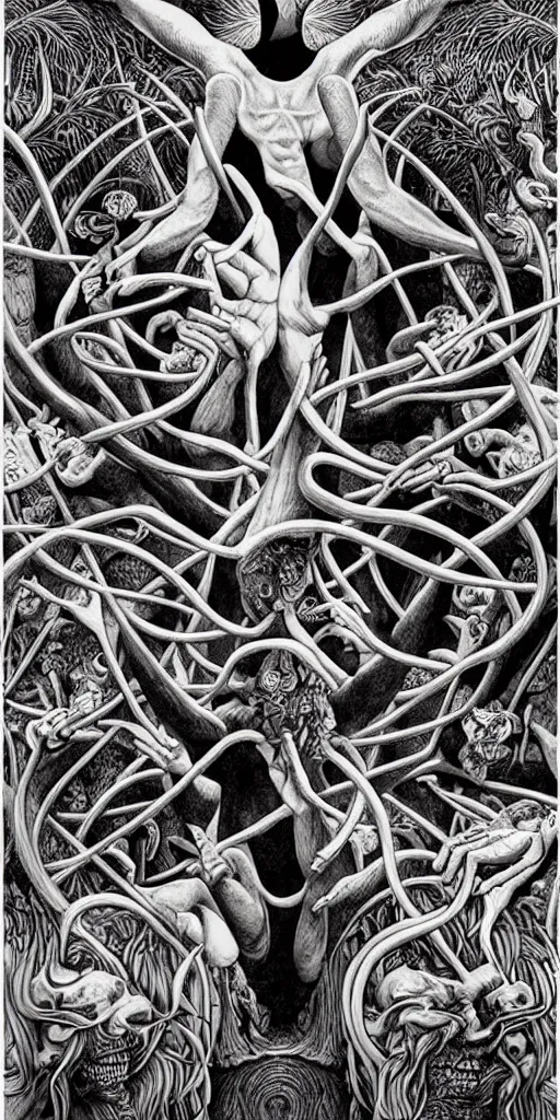 Image similar to The Ayahuasca Spirit, by M.C. Escher and James Jean