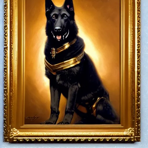 Prompt: a portrait of a manly and muscular and handsome and attractive black german shepherd dogman canine, star trek the next generation. highly detailed painting by gaston bussiere, craig mullins, j. c. leyendecker, furry