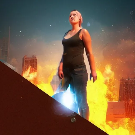 Image similar to a woman up there, sci - fi, town, on fire, giant, photoshop, creative and cool, photo manipulation, low angle