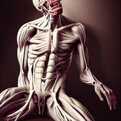 Prompt: Human with partially translucent skin, visible muscles and nerves, beautiful detailed intricate insanely detailed octane render, 8K artistic photography, photorealistic, chiaroscuro, by David Cronenberg, Raphael, Caravaggio