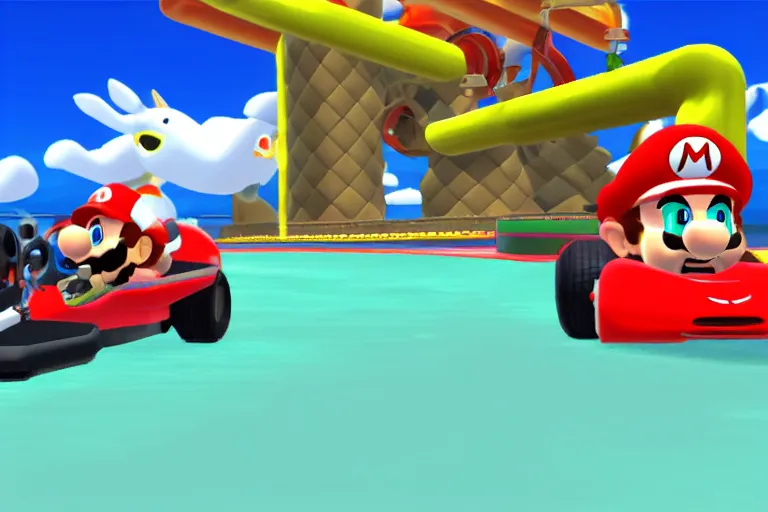 Image similar to whale driving a kart in mario kart double dash, wii screenshot, whale driving a kart