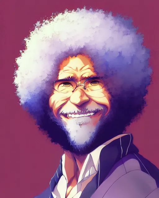 Image similar to anime portrait of Bob Ross as an anime man by Stanley Artgerm Lau, WLOP, Rossdraws, James Jean, Andrei Riabovitchev, Marc Simonetti, and Sakimichan, trending on artstation