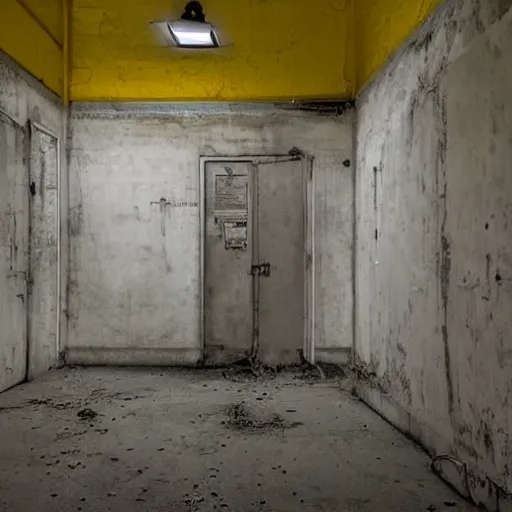 Prompt: the backrooms, the eerie forlorn atmosphere of a place that's usually bustling with people but is now abandoned and quiet, walls with a monochromatic tone of yellow, buzzing fluorescent lights, unsettling images