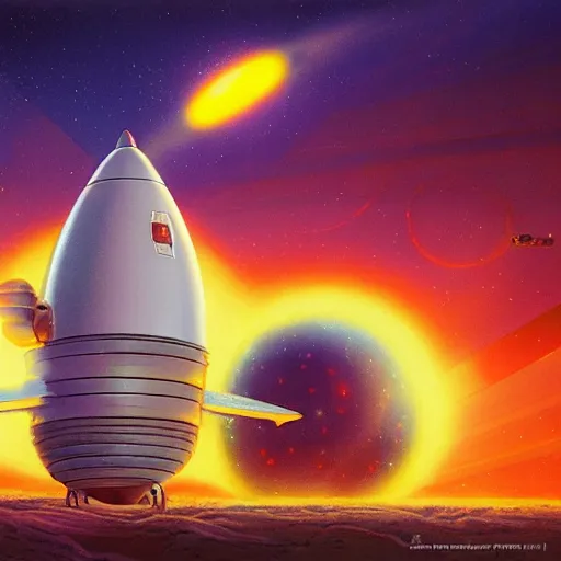 Prompt: A rocketship about to land on an unfamiliar planet, super cool rocket, Acrylic Paint, Concept Art, Digital Art, 16-bit RGB, Global Illumination, by Bob Byerley, by Yoshitaka Amano