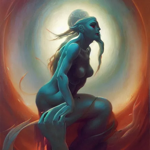 Image similar to a painting in the style of peter mohrbacher and in the style of jean delville.