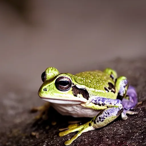 Image similar to closeup of a frog sitting on a stone in a forest, wildlife photography