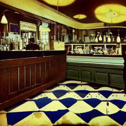 Image similar to inside an old fashioned ice cream parlor. a leaking case of melting ice cream cases is behind the bar. the leak has made a puddle on the floor, and the puddle is reminiscent to the shape of werewolf fangs. there is an eerie voluminous blue electric glow. digital art, ultrarealistic, cinematic, autochrome