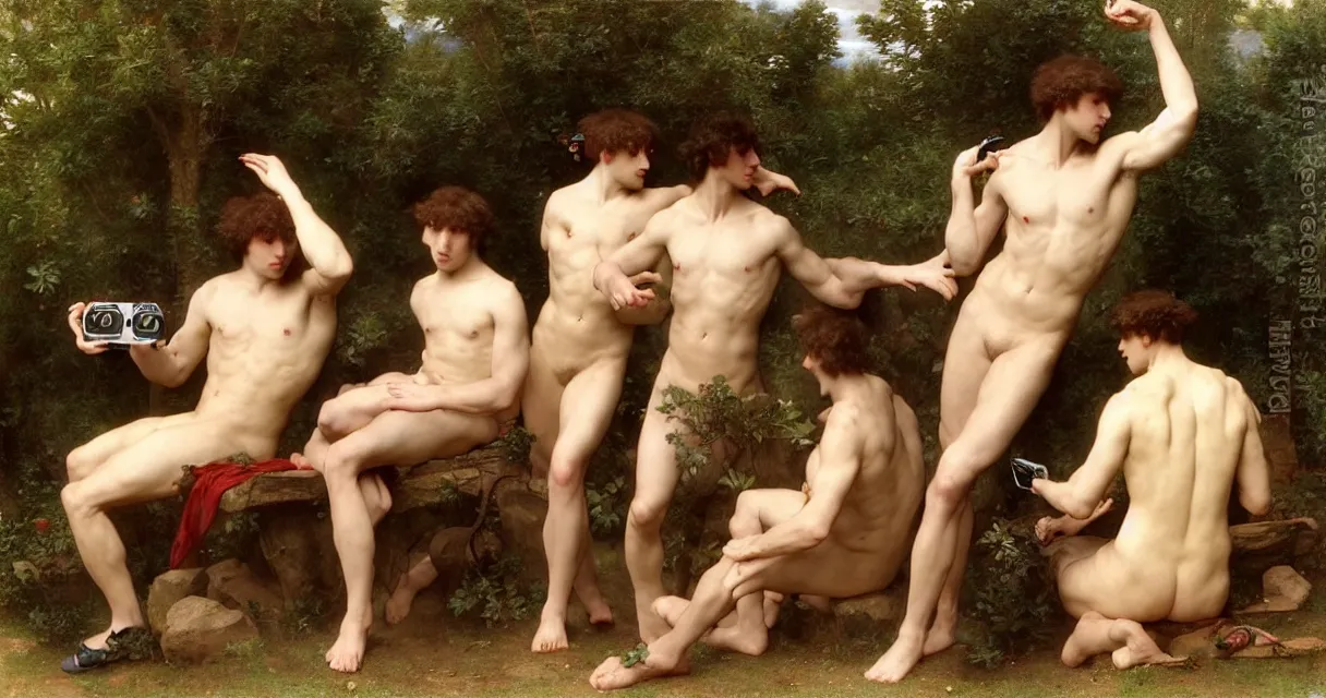 Image similar to pre-Raphaelite male muscular athletic gamers wearing headsets and playing video-games on laptops playstation5 x-box and PC by Bouguereau and raphael