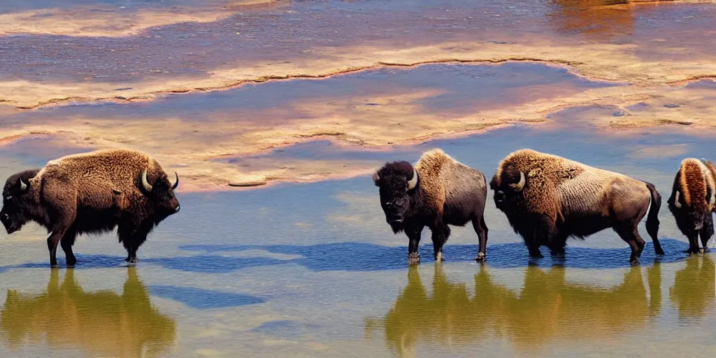 Image similar to bison and wolves swimming in grand prismatic spring