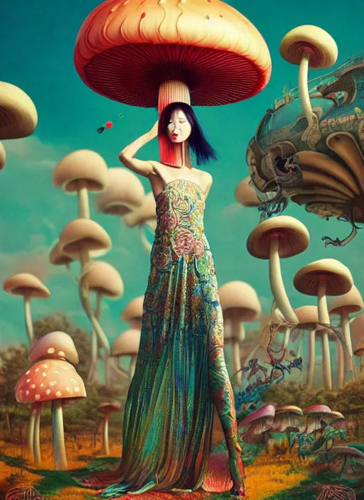Image similar to pretty chinese model with futuristic mushroom : : by martine johanna and simon stalenhag and chie yoshii and casey weldon and wlop : : ornate, dynamic, particulate, rich colors, intricate, elegant, highly detailed, vogue, harper's bazaar art, fashion magazine, smooth, sharp focus, 8 k, octane render,