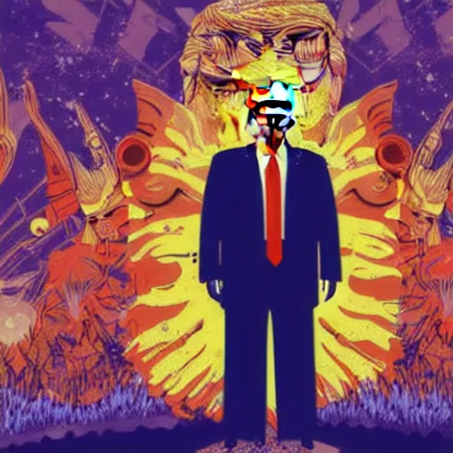 Prompt: portrait of donald trump sunglasses stars in the sky fairies with detailed faces enchanted forest on the ground psychedelic wide angle shot white background vector art illustration gears of war cell shaded illustration gta 5 artwork of donald trump, in the style of gta 5 loading screen, by stephen bliss and frank frazetta