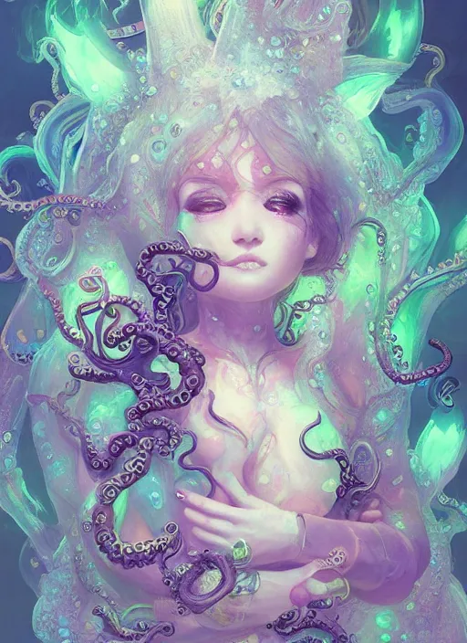 Prompt: A full shot of a cute magical monster Cryptid wearing a dress made of opals and tentacles. Chibi. Subsurface Scattering. Translucent Skin. Caustics. Prismatic light. defined facial features, symmetrical facial features. Opalescent surface. Soft Lighting. beautiful lighting. By Giger and Ruan Jia and Artgerm and WLOP and William-Adolphe Bouguereau and Loish and Lisa Frank. Sailor Moon. trending on artstation, featured on pixiv, award winning, sharp, details, intricate details, realistic, Hyper-detailed, HD, HDR, 4K, 8K.