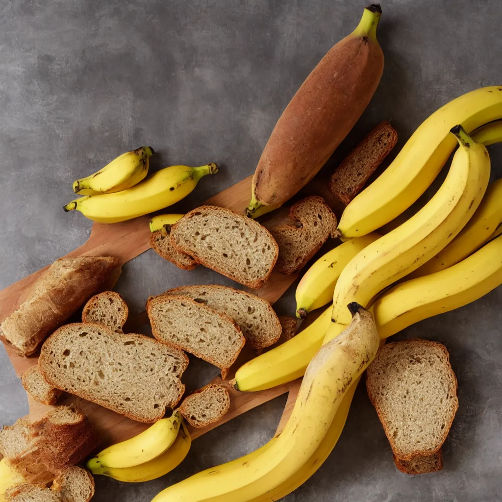 Image similar to bananas and bread bundled together with a paper banderole