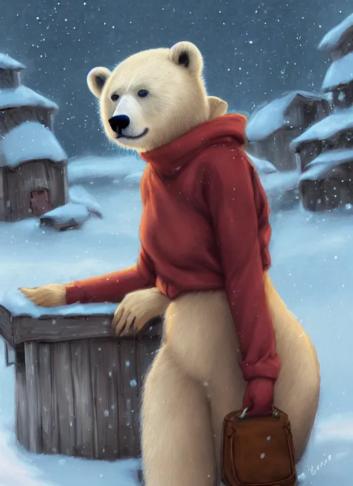 Image similar to award winning beautiful portrait commission art of a female furry anthro polar bear fursona with a cute beautiful attractive detailed feminine furry face wearing a cute stylish winter sweater and pants at a comfy winter cabin at dusk by firelight. Character design by charlie bowater, ross tran, artgerm, and makoto shinkai, detailed, inked, western comic book art