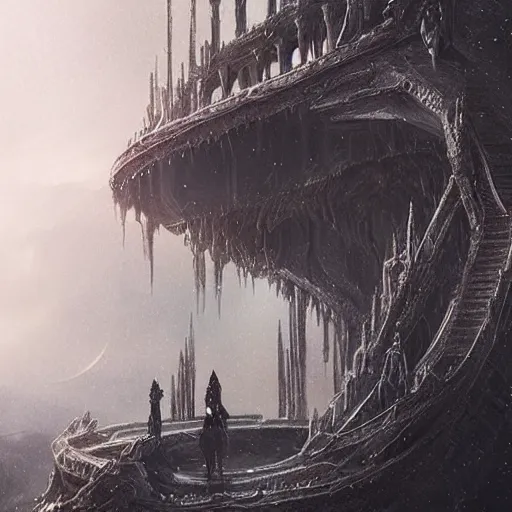 Image similar to of a beautiful black haired woman with pale skin and a crown on her head sitted on an intricate metal throne in eerie atmospheric alien worlds, epic cinematic matte painting, art by greg rutkowski