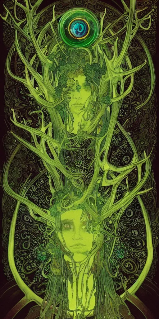 Image similar to intense glowing pagan fungus god with antlers and tentacles and intense glowing eyes and a mossy skull in very dark cosmic space by alphonse mucha and karol bak and h r giger, portrait, fantasy, clear, light beams, lens flare, intense, uhd, amazing depth, cinematic lighting, deep green and black and shining gold