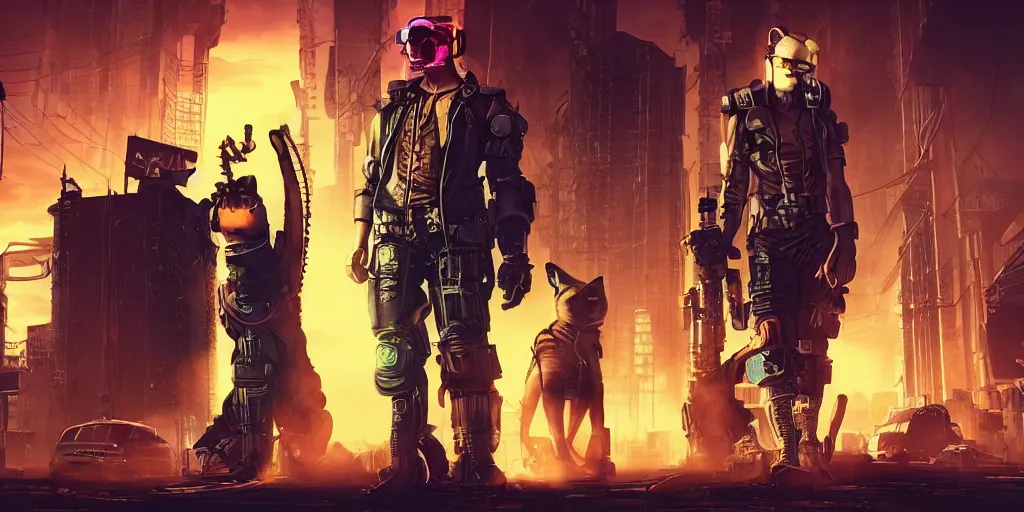 Image similar to cyberpunk cat gang posing, fallout 5, studio lighting, deep colors, apocalyptic setting, sneak peek into the future