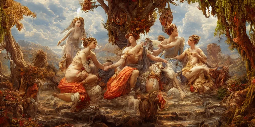 Image similar to a stunning and noble highly detailed romantic period style painting of the place where gods come into being by james jean, josep tapiro baro and harles sillem lidderdale, trending on artstation, oil painting masterpiece, symmetry, rule of thirds, mysterious