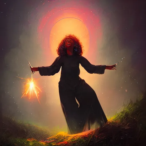 Prompt: anna podedworna illustration of black young witch casting a spell, geometric spell prism, fantasy, mtg, digital 2d, trending on artstation, artstation, dramatic lighting, blurred background, hyper detailed, ultrarealistic, masterpiece, digital art