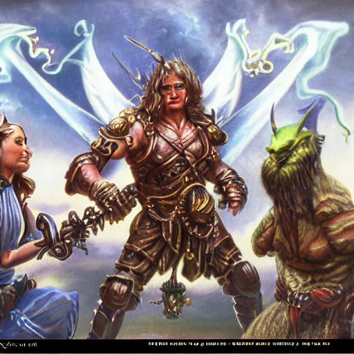 Image similar to high fantasy 1 9 8 0's wargame airbrushed artwork - inspired octane render, a happy sitcom family with an evil demonic occult monster