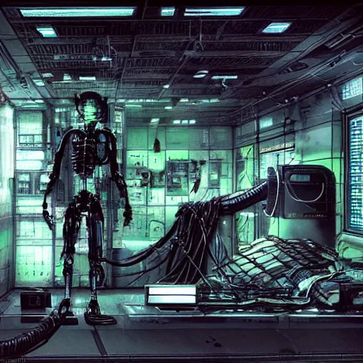 Prompt: the torso of a terminator with borg implants and a human face is hanging from cables and wires off the ceiling of an futuristic abandoned computer lab and plugged into a quantum computer. bottom half of the terminator's body is missing with cables sticking out. The Terminator is taking a sip from a cup of coffee. Tiny green led lights in the terminator's cybernetics. very detailed 8k. Cyberpunk horror style.