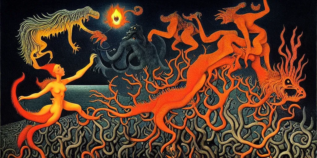 Image similar to fiery wild creatures and monsters in the imaginal realm of the collective unconscious, in a dark surreal painting by johfra, mc escher and ronny khalil