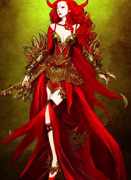 Image similar to Full body portrait of a beautiful red haired elven queen with haughty look, ominous aura wearing, red, green and gold ornate queen dress. In style of Yoji Shinkawa and Hyung-tae Kim, trending on ArtStation, dark fantasy, great composition, concept art, highly detailed.