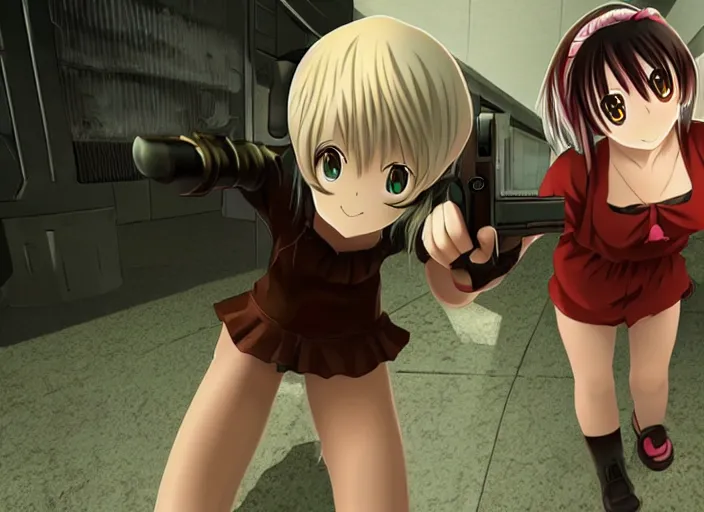 Image similar to an anime girl in a screenshot of the video game doom, the anime girl is crouching