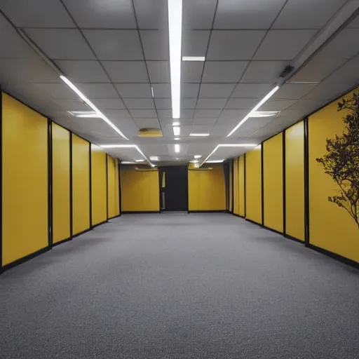 Image similar to an empty office space at night, eerie atmosphere, yellow hue