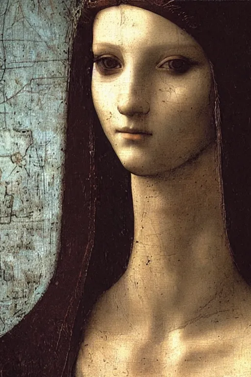 Image similar to a close - up portrait of a cyberpunk cyborg girl, by leonardo davinci, rule of thirds