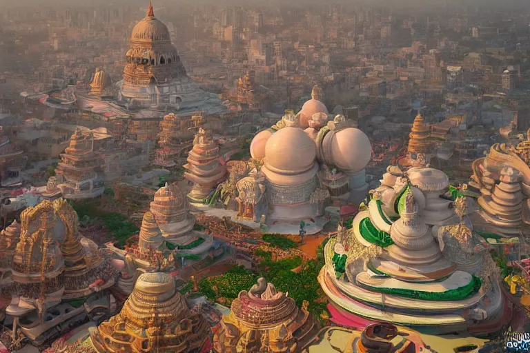 Image similar to high quality dreamscape! biomorphic new delhi, hanuman!! head building, kalighat, octane highly detailed, cinematic smooth, stephen shore & john j. park, soft morning light, wide shot, high angle, uhd 8 k, deep focus