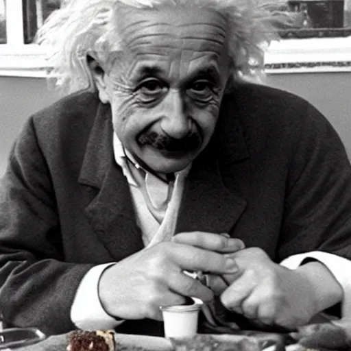 Image similar to albert einstein eating an impossible whopper from burger king