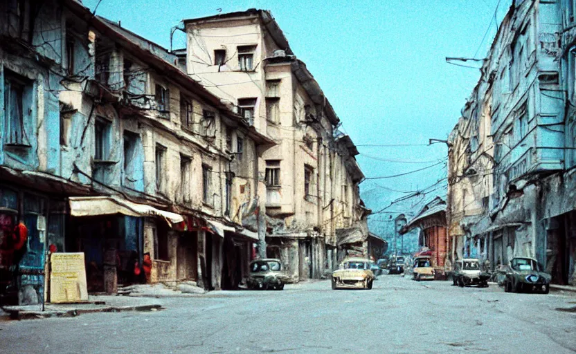 Image similar to movie still of a soviet street from Sarajevo in 1960s , Cinestill 800t 18mm