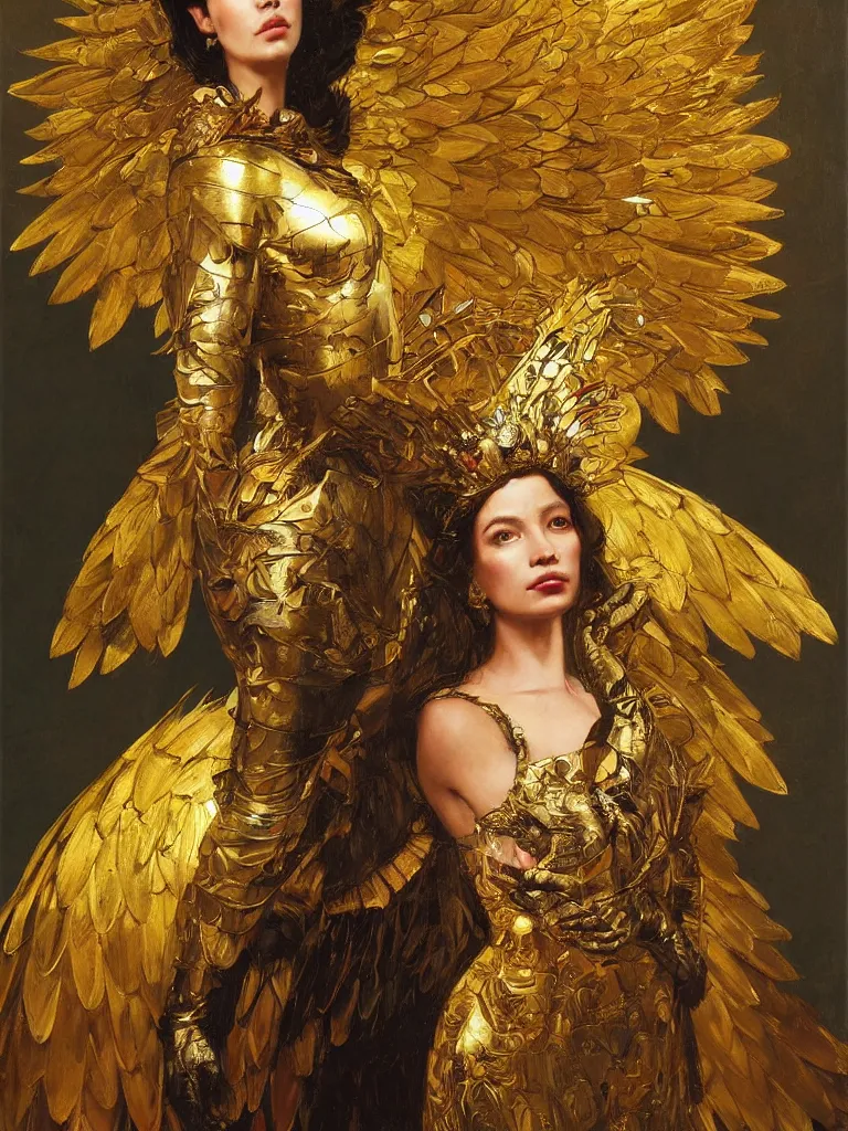 Image similar to portrait of a beautiful queen in winged golden armor, with luminous eyes , full-length, oil painting , very detailed, out of focus background, painted by Caravaggio, Greg rutkowski, Sachin Teng, Thomas Kindkade, Alphonse Mucha, Norman Rockwell, Tom Bagshaw