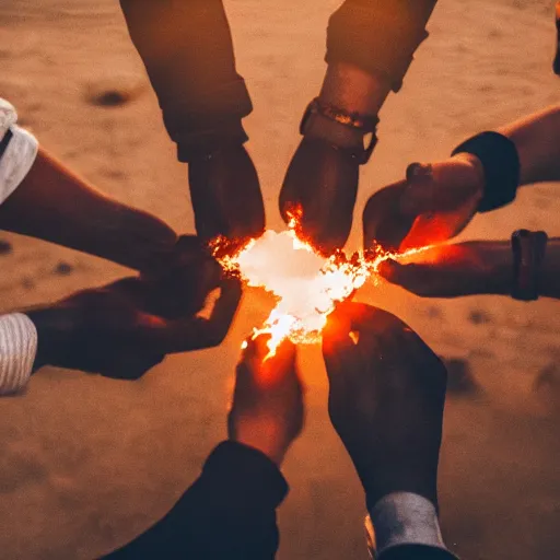 Image similar to photograph of people bonding around a firecircle, kismet, shot from behind, no faces visible, bokeh, atmospheric, desert