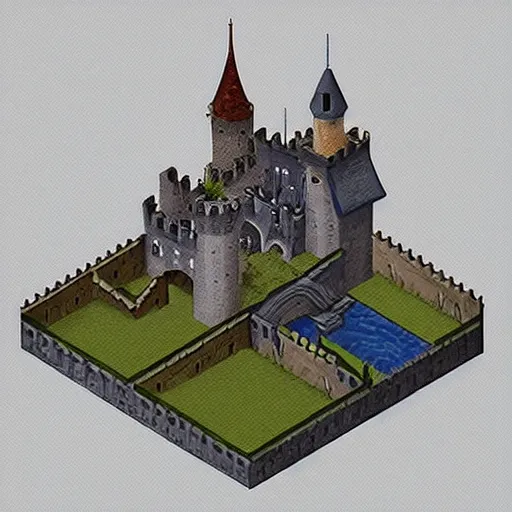 Image similar to “an isometric medieval castle painted”