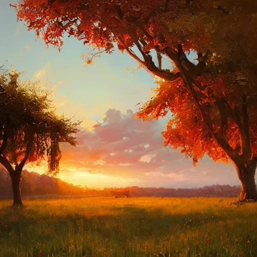 Prompt: a beautiful painting by banska stiavnica nature in sunset, translucent fruit tree, peach, by greg rutkowski and james gurney, artstation