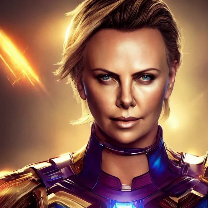 Image similar to portrait of ((Charlize Theron)), wearing The Infinity Gauntlet. SNAP. intricate artwork. octane render, trending on artstation, very coherent symmetrical artwork. avengers. thanos. cinematic, hyper realism, high detail, octane render, 8k, iridescent accents