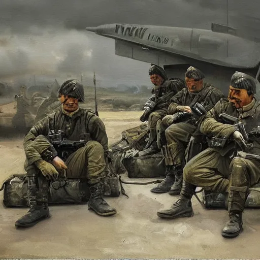 Prompt: an award winning painting of soldiers sitting inside a plane on their way to the battlefield, an emotionless look on their faces, in the style of grek rutkowski