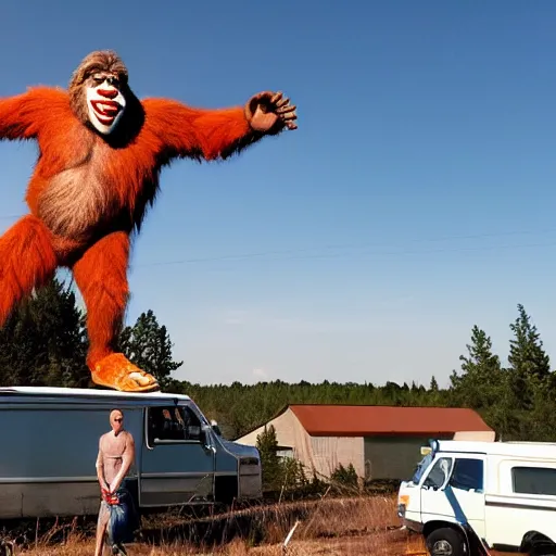 Image similar to bigfoot stomping on top of roof of clown van