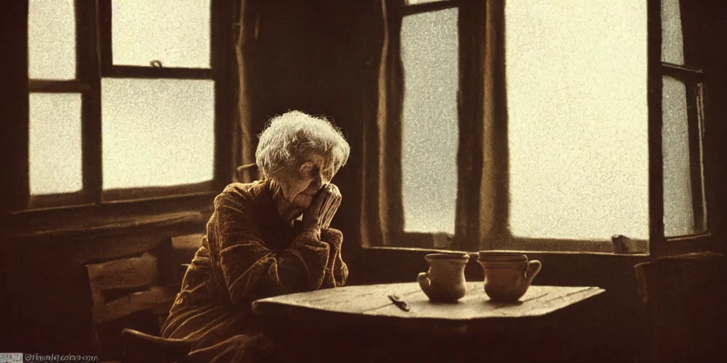 Prompt: portrait bust of old woman sitting at table, looking outside, tired expression, faded color film, russian cinema, tarkovsky, kodachrome, inside old cabin, next to window, heavy forest outside, long brown hair, old clothing, heavy fog, brown color palette, sunset, low light, hudson river school, 4 k, dramatic lighting, greg rutkowski