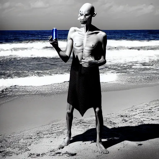 Image similar to portrait nosferatu applying sunscreen on his body on the beach, realistic detailed photography